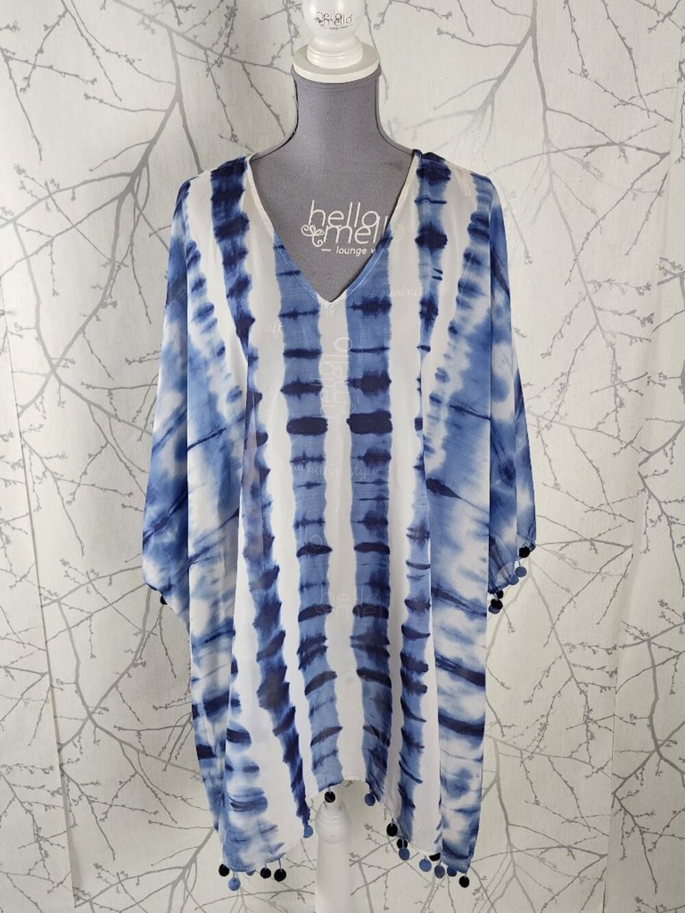 Tommy Bahama Blue Tie Dye Stripe Tassel Kaftan Beach Cover